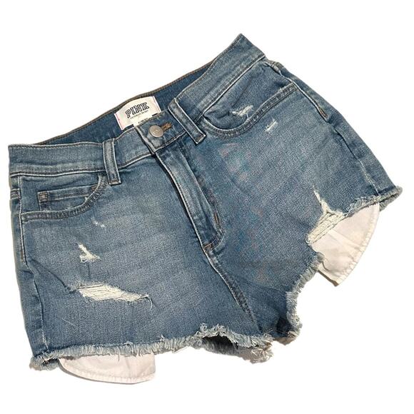 NWOT PINK VICTORIA'S SECRET Distressed High Rise FRAYED Cut Off Jean Shorts 2 - Picture 1 of 3